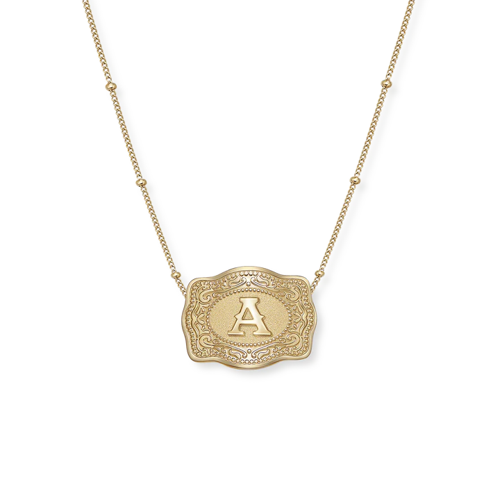 22mm_Mini_Belt_Buckle_-_Initial_A_-_Necklace_-_Beaded_Chain_-_View_1_-_Gold