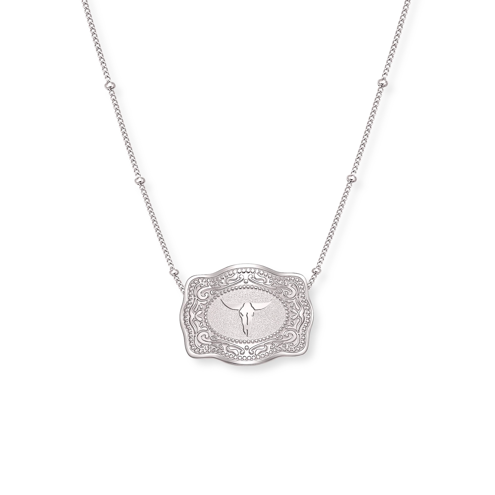 22mm_Mini_Belt_Buckle_-_Longhorn_-_Necklace_-_Beaded_Chain_-_View_1_-_Silver